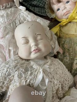 Neuf poupées antiques/vintage uniques à trois visages : heureuse, en pleurs, endormie, plus beaucoup de tissus