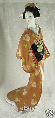 Porcelaine Japonaise Hakata Mimasu Geisha Poupée Kimono Feuilles 13x7x7 Pouces Vintage