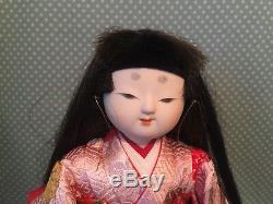 Poupée Japonaise Ichimatsu Gofun Geisha Vintage Avec Tête En Porcelaine Dans Un Coffret En Verre