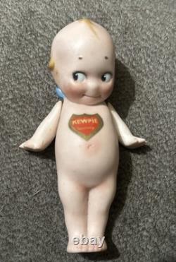 Poupée Kewpie en biscuit signée Rose O'Neill vintage 5 pouces, ailes bleues, porcelaine antique