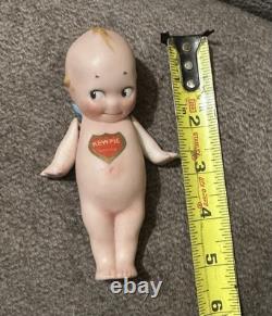 Poupée Kewpie en biscuit signée Rose O'Neill vintage 5 pouces, ailes bleues, porcelaine antique