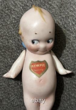 Poupée Kewpie en biscuit signée Rose O'Neill vintage 5 pouces, ailes bleues, porcelaine antique