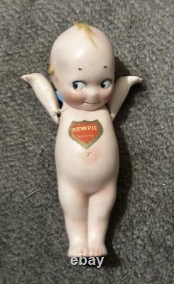 Poupée Kewpie en biscuit signée Rose O'Neill vintage 5 pouces, ailes bleues, porcelaine antique