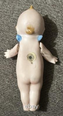 Poupée Kewpie en biscuit signée Rose O'Neill vintage 5 pouces, ailes bleues, porcelaine antique