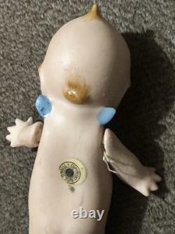 Poupée Kewpie en biscuit signée Rose O'Neill vintage 5 pouces, ailes bleues, porcelaine antique