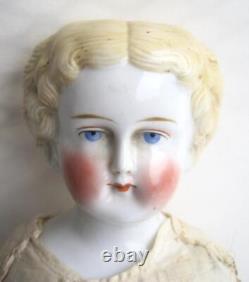 Poupée antique en porcelaine à tête de Chine, blonde aux yeux bleus, corps original, 19 pouces