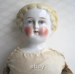 Poupée antique en porcelaine à tête de Chine, blonde aux yeux bleus, corps original, 19 pouces