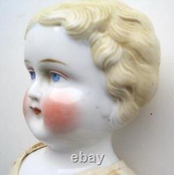 Poupée antique en porcelaine à tête de Chine, blonde aux yeux bleus, corps original, 19 pouces