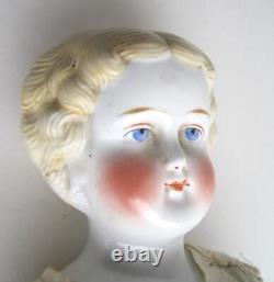 Poupée antique en porcelaine à tête de Chine, blonde aux yeux bleus, corps original, 19 pouces