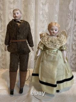 Poupée de Maison de Poupées Antique Tout Original Couple Homme & Femme Bisque