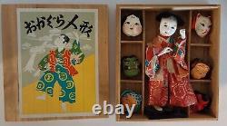 Poupée en porcelaine de danse traditionnelle japonaise vintage avec masques, boîte en bois d'origine, 6 masques