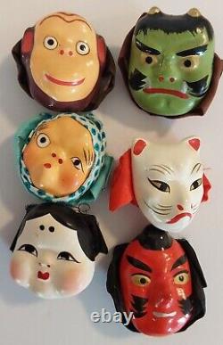 Poupée en porcelaine de danse traditionnelle japonaise vintage avec masques, boîte en bois d'origine, 6 masques