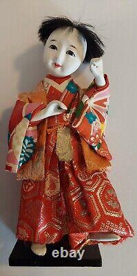 Poupée en porcelaine de danse traditionnelle japonaise vintage avec masques, boîte en bois d'origine, 6 masques