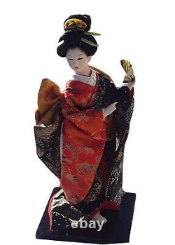 Poupée japonaise vintage en porcelaine Geisha 12, socle en bois brodé, NIB