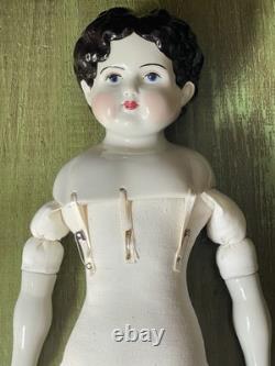 Poupée victorienne allemande en porcelaine antique surdimensionnée des années 1800, 20 pouces, corps en tissu, vintage