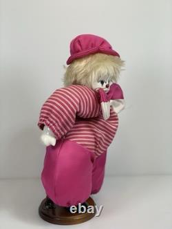 Poupée vintage en porcelaine Q-tee et support en métal 14 thème clown rose rare