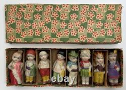 Poupées en bisque japonaises vintage de toutes les nations, lot de 8 pièces dans leur boîte d’origine des années 1930