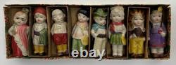 Poupées en bisque japonaises vintage de toutes les nations, lot de 8 pièces dans leur boîte d’origine des années 1930