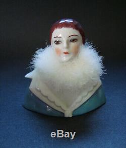 Rare Antique Powder Puff Allemand Porcelaine Half Doll Vanity Dresser Box