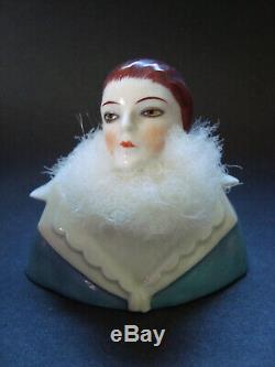 Rare Antique Powder Puff Allemand Porcelaine Half Doll Vanity Dresser Box