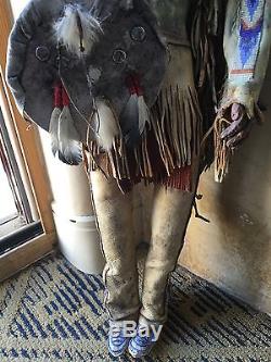 Rare Vintage Poupée Indienne Amérindienne En Cuir Fait Main Figure 24 Pouce Signé