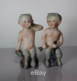 Rarement Vu Antique Paire Satyre Faun Pan Chérubin Enfant Bisque Figurines En Porcelaine