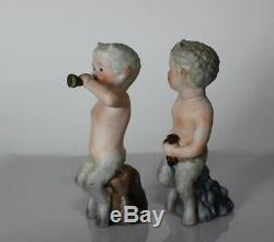 Rarement Vu Antique Paire Satyre Faun Pan Chérubin Enfant Bisque Figurines En Porcelaine