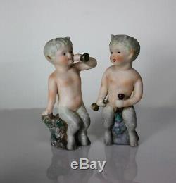 Rarement Vu Antique Paire Satyre Faun Pan Chérubin Enfant Bisque Figurines En Porcelaine