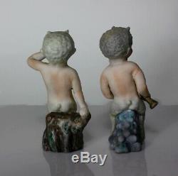 Rarement Vu Antique Paire Satyre Faun Pan Chérubin Enfant Bisque Figurines En Porcelaine