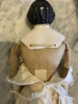 Superbe poupée Greiner ancienne des années 1850 à yeux bruns, ravissante tenue d’époque et bottines