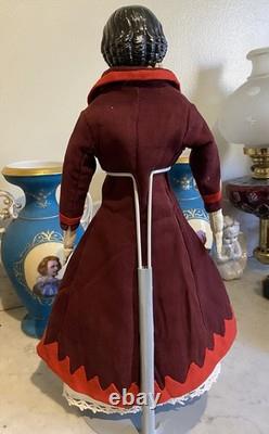 Superbe poupée Greiner ancienne des années 1850 à yeux bruns, ravissante tenue d’époque et bottines