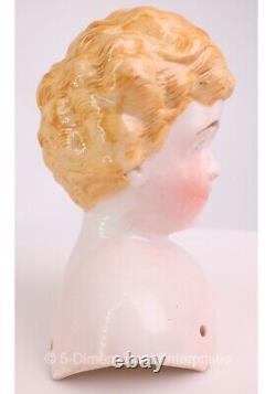 Tête de poupée antique allemande en porcelaine bisque avec joues rosées, cheveux blonds bouclés et marque Kling 189