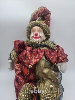 Vintage Pierrot Énorme 18 Arlequin Clown Poupée Porcelaine Tête Peint Or Rouge