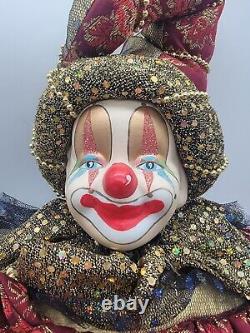 Vintage Pierrot Énorme 18 Arlequin Clown Poupée Porcelaine Tête Peint Or Rouge