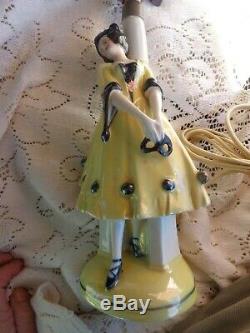Vtg Art Déco Porcelaine Allemagne Lady Harlequin Dresser Doll Figurine Boudoir Lampe