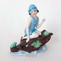 Vtg Baigneuse Lady Doll Figuring Bleu Porcelaine Céramique Allemand Art Déco