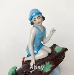 Vtg Baigneuse Lady Doll Figuring Bleu Porcelaine Céramique Allemand Art Déco