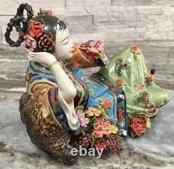 Vtg Signé Poterie Chinoise Figurine Poupée De Porcelaine Impériale Concubine Geisha
